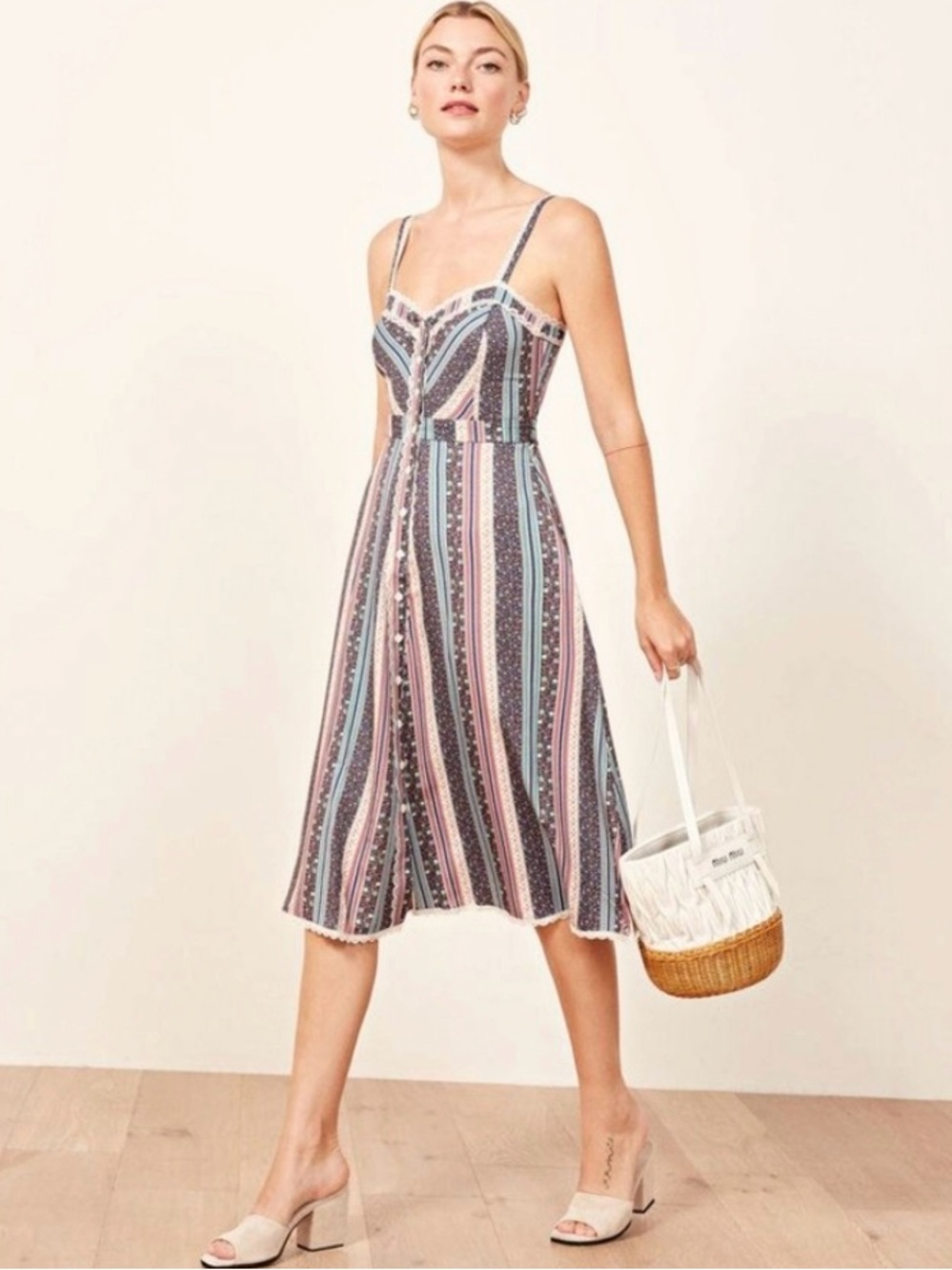 Reformation Floral Stripe Lace Trim Midi Dress Size 8